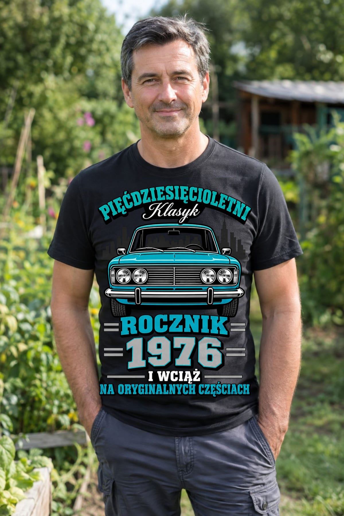 Koszulka męska czarna na 50 urodziny rocznik 1976 Duży Fiat prezent, zdjęcie 4