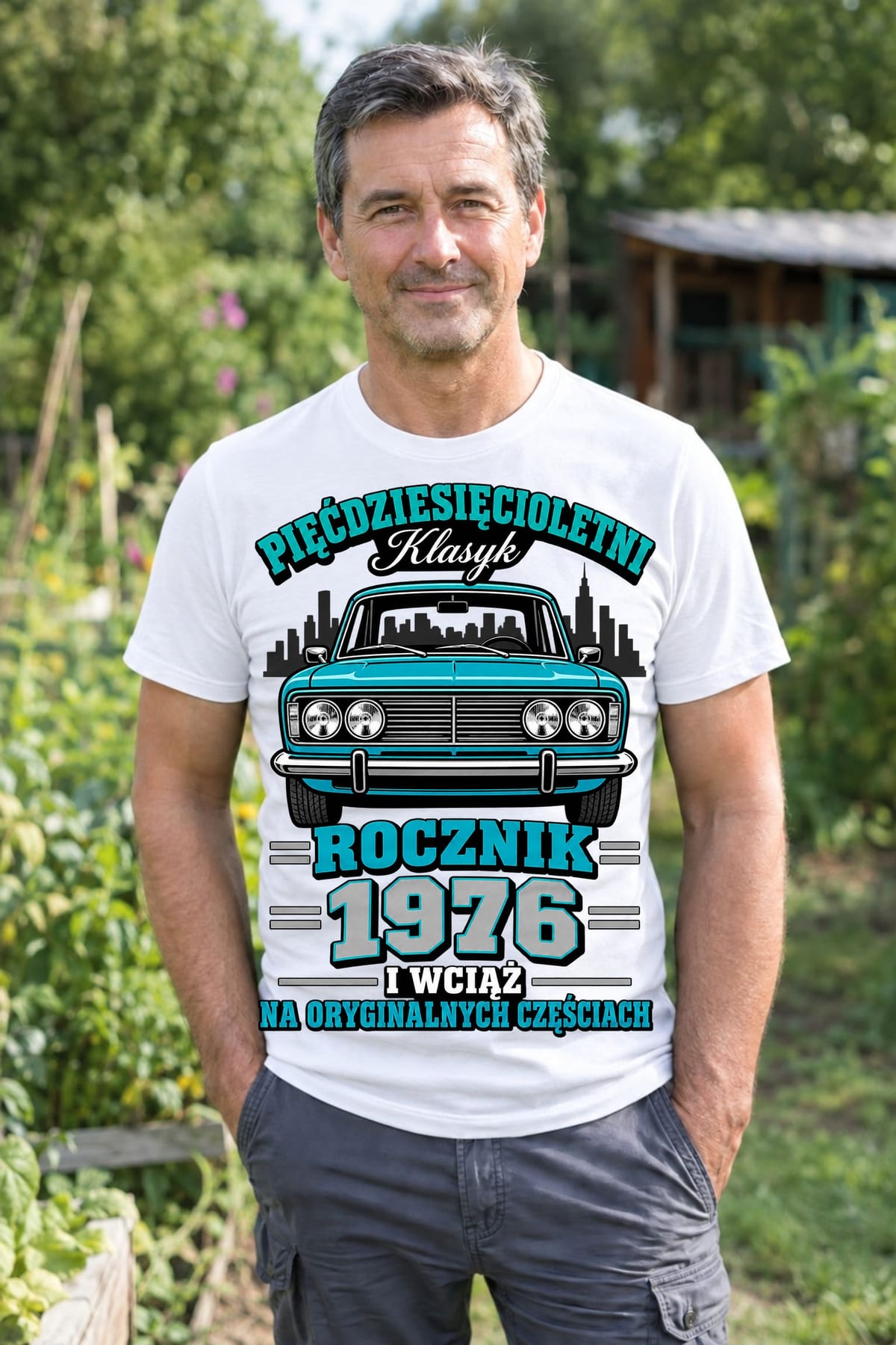 Koszulka męska biała na 50 urodziny rocznik 1976 Duży Fiat prezent, zdjęcie 4