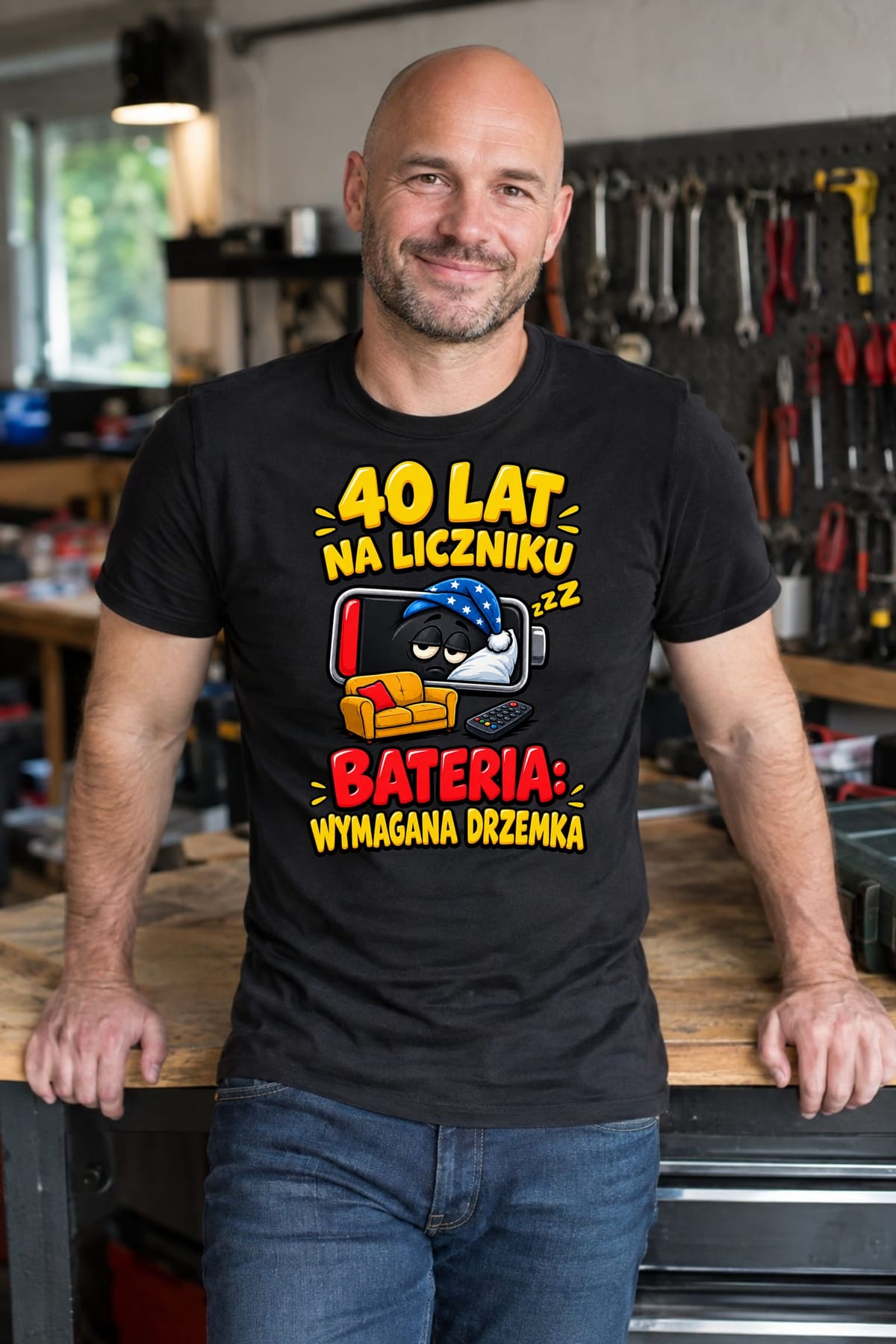 Koszulka męska czarna na 40 urodziny bateria wymagana drzemka prezent, zdjęcie 8