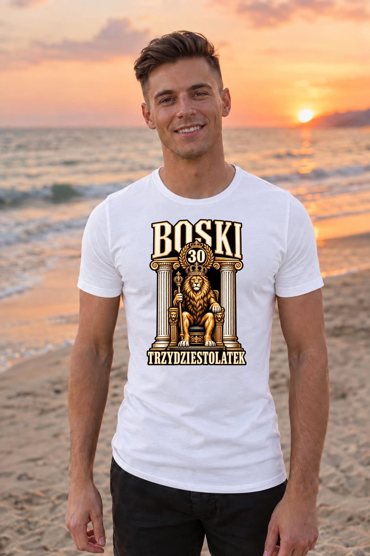 Koszulka męska biała na 30 urodziny boski trzydziestolatek lew prezent, zdjęcie 4