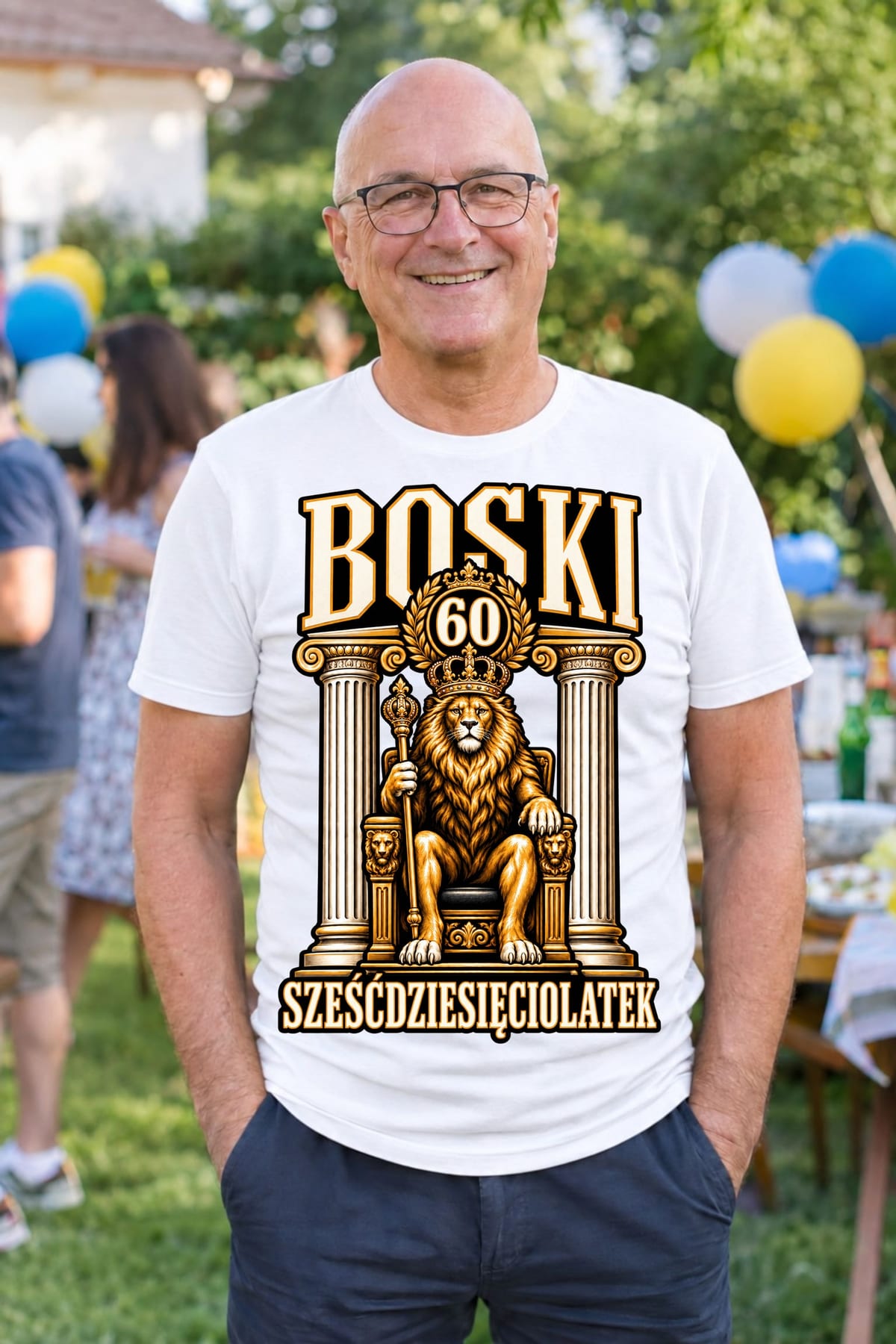 Koszulka męska biała na 60 urodziny boski sześćdziesięciolatek lew, zdjęcie 5