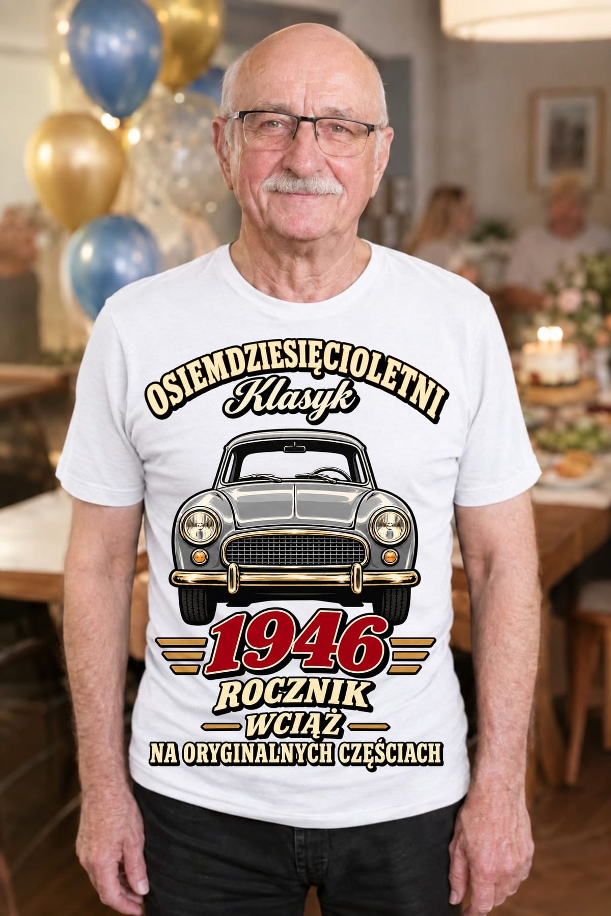 Koszulka męska biała na 80 urodziny Syrena rocznik 1946 prezent, zdjęcie 3