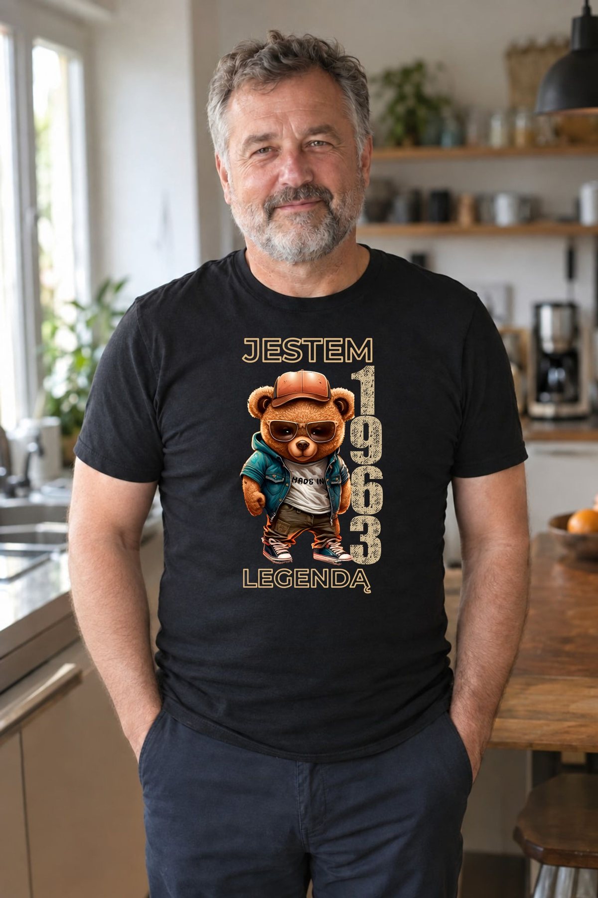 Koszulka męska czarna z misiem Jestem legendą rocznik 1963 prezent na urodziny, zdjęcie 3