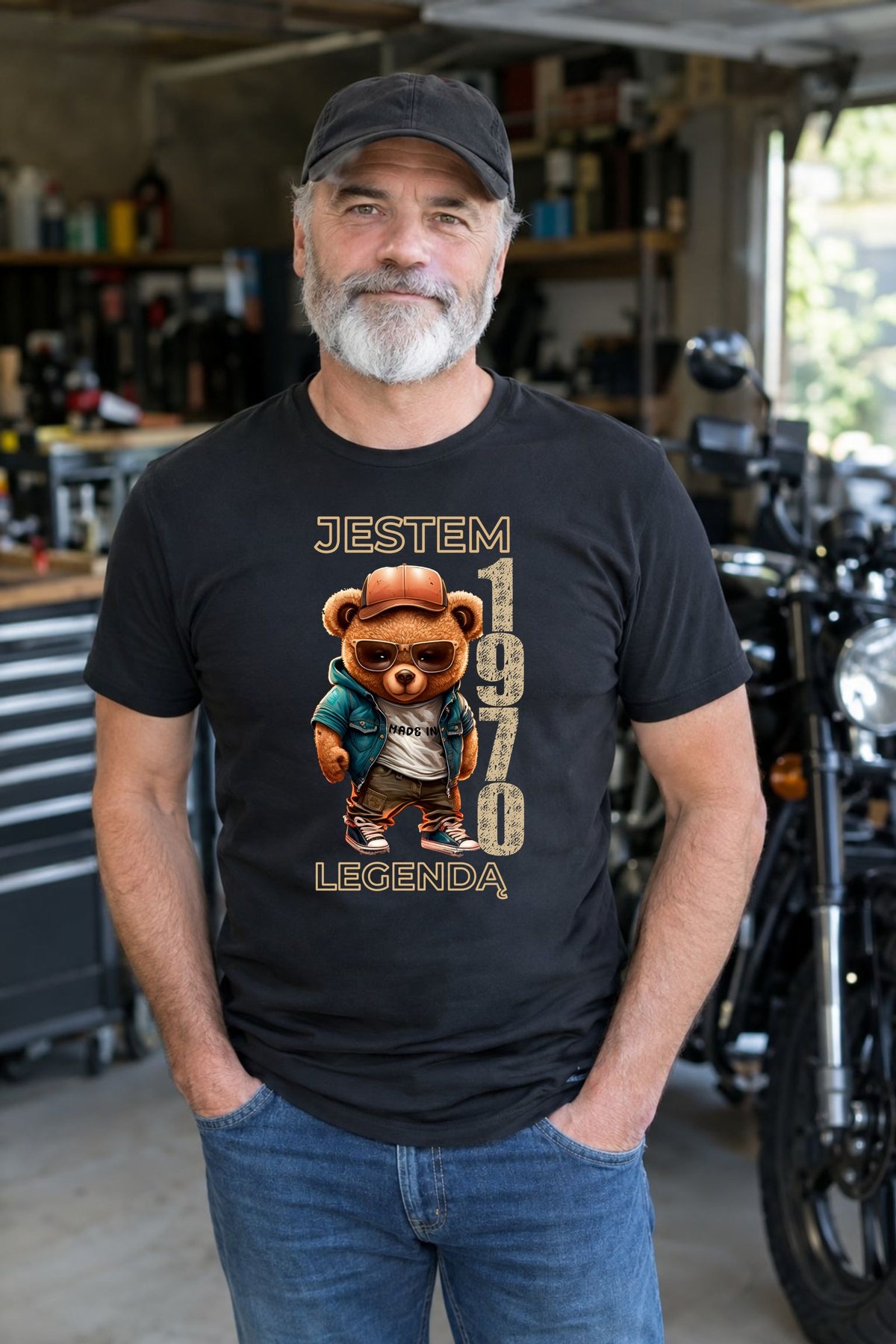 Koszulka męska czarna z misiem Jestem legendą rocznik 1970 prezent na urodziny, zdjęcie 5