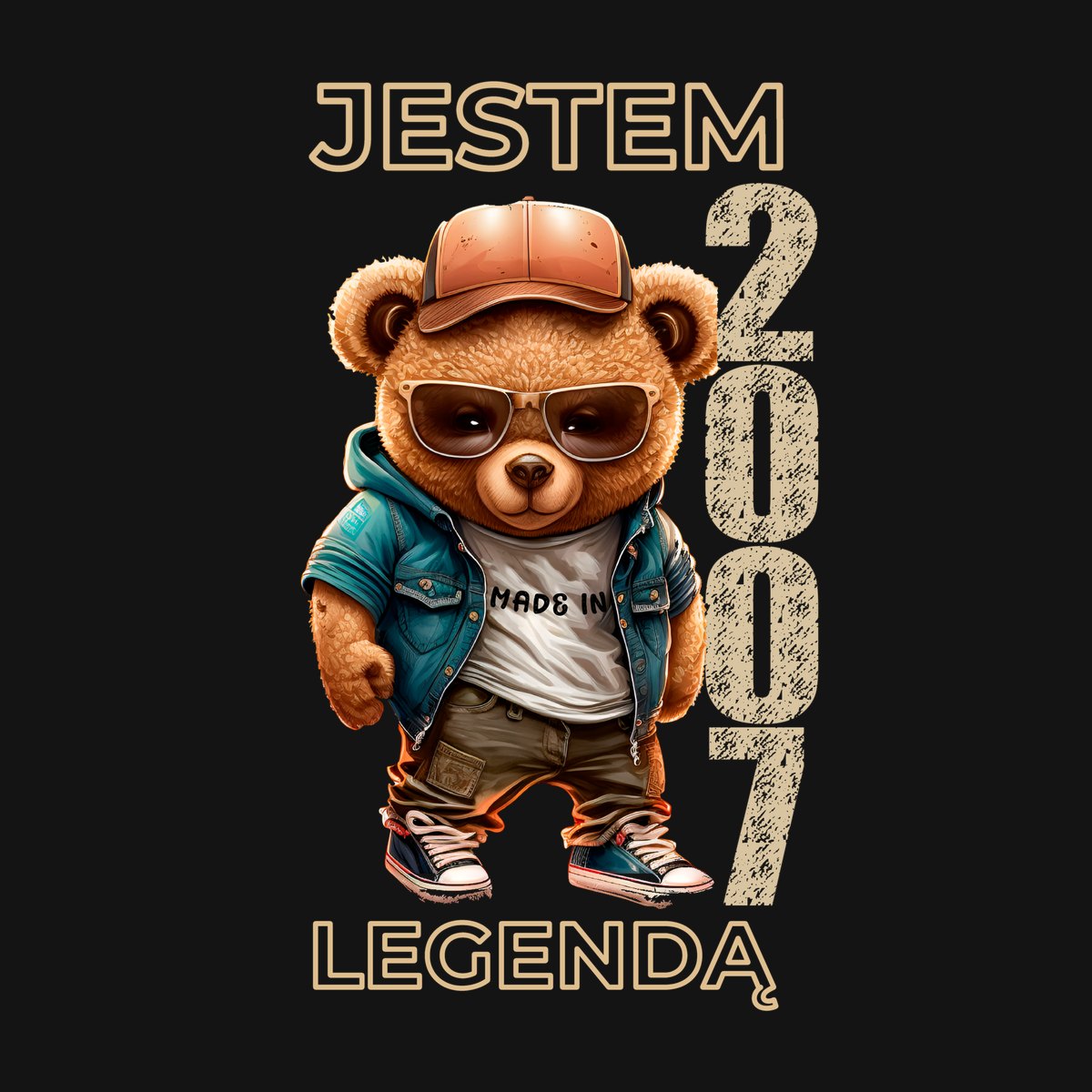 Koszulka męska czarna z misiem Jestem legendą rocznik 2007 prezent na urodziny, zdjęcie 2