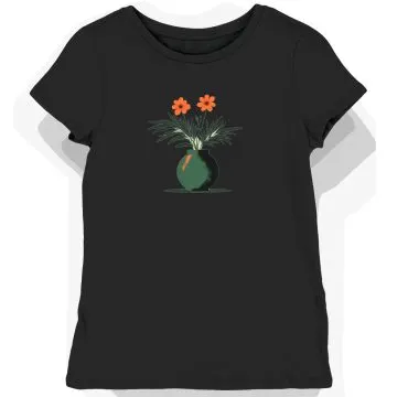 Koszulka damska czarna z motywem zielonego kwiatowego ikebana