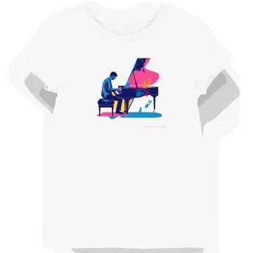 Koszulka damska biała z grafiką pianisty na fortepianie