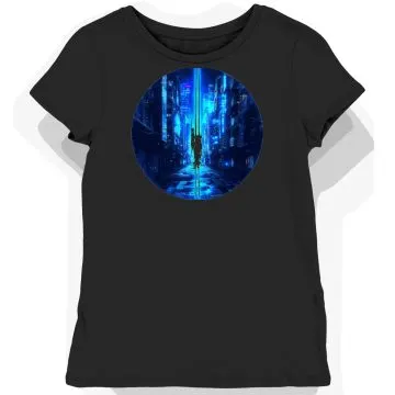 Koszulka damska czarna z nadrukiem cyberpunkowego neonowego miasta