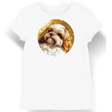 Koszulka damska biała z grafiką psa Shih Tzu w złocie i bieli