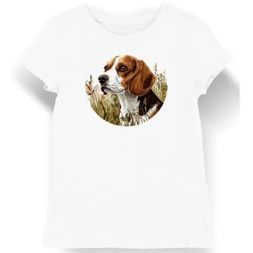 Koszulka damska biała z motywem beagle w bujnej trawie