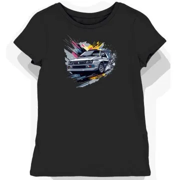 Koszulka damska czarna z dynamicznym motywem rajdowym Peugeot 205