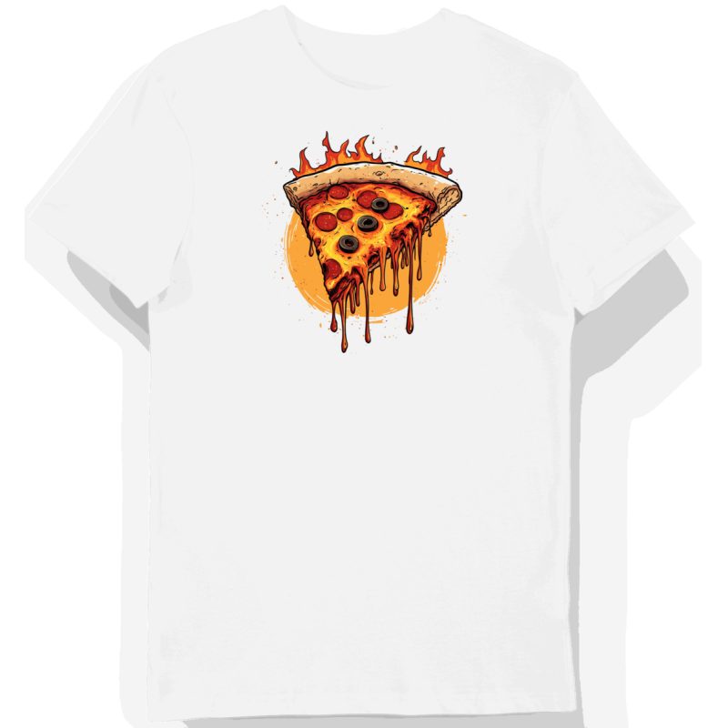 Koszulka męska biała z grafiką topniejącej pizzy z pepperoni i oliwkami