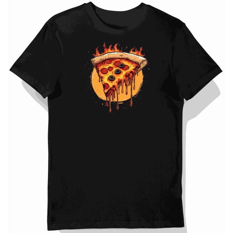 Koszulka męska czarna z motywem pizzy z oliwkami w otoczce z ognia