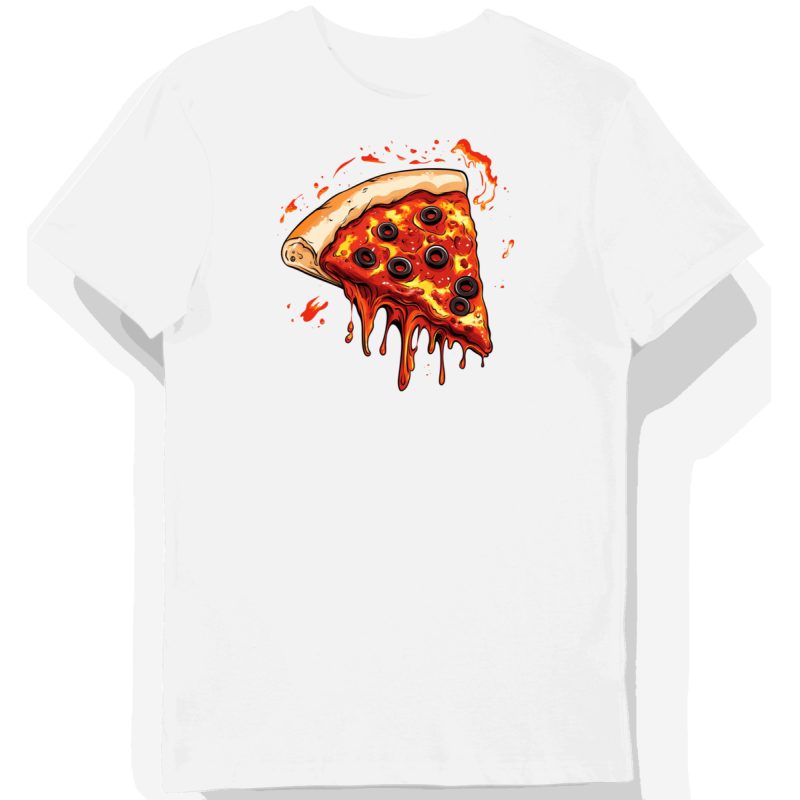 Koszulka męska biała z motywem topniejącej pizzy z oliwkami w otoczce z ognia