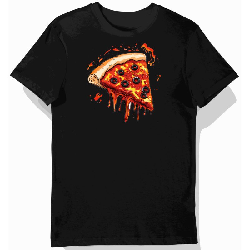 Koszulka męska czarna z nadrukiem ociekającej pizzy z oliwkami w otoczce z ognia