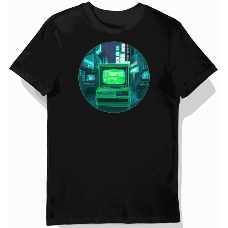 Koszulka męska czarna z motywem zielonych neonów arcade