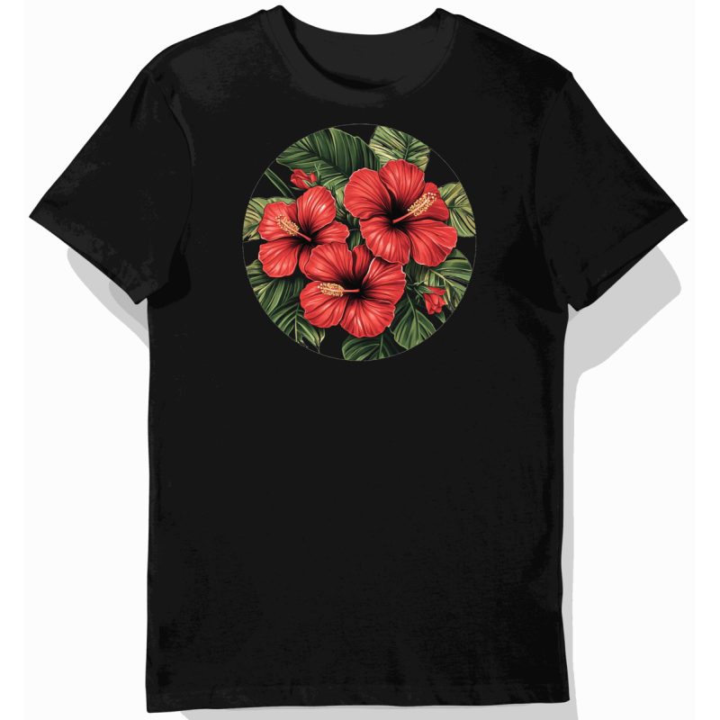 Koszulka męska czarna z nadrukiem tropikalnego hibiskusa