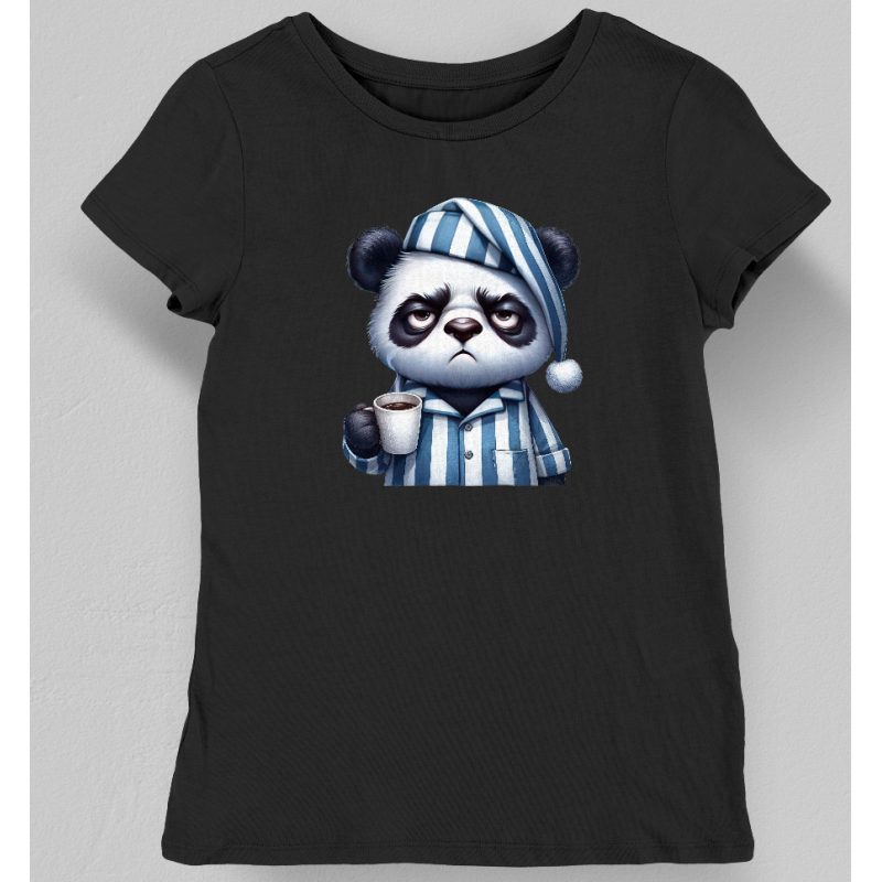 Koszulka damska zaspana panda z kawą czarna