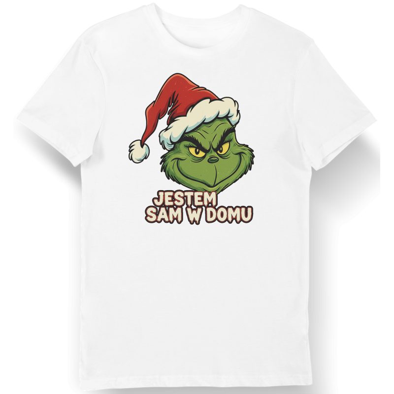 Koszulka męska biała Jestem sam w domu Grinch na święta prezent świąteczny