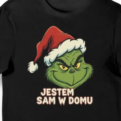 Koszulka męska czarna Jestem sam w domu Grinch nadruk prezent na święta