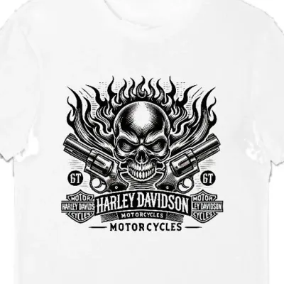 Koszulka męska Harley Davidson ogień i czaszka biała