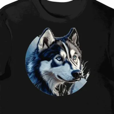 Koszulka męska czarna z motywem niebieskiego oka husky