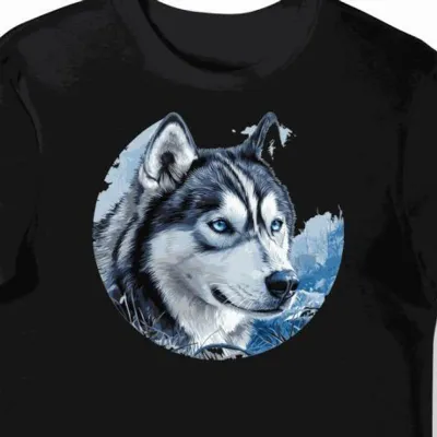 Koszulka męska czarna z nadrukiem niebieskie oczy husky