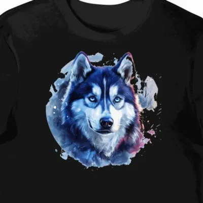 Koszulka męska czarna z nadrukiem błękitnego oka husky