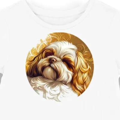 Koszulka damska biała z grafiką psa Shih Tzu w złocie i bieli
