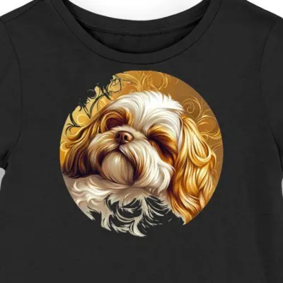 Koszulka damska czarna z grafiką psa Shih Tzu w złocie i bieli