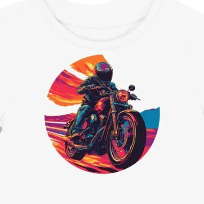 Koszulka damska biała z motywem motocyklisty przy muzyce