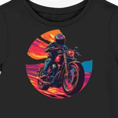 Koszulka damska czarna z nadrukiem motocyklisty słuchającego muzyki