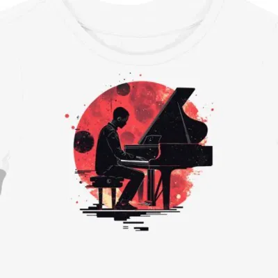 Koszulka damska biała z nadrukiem pianisty z muzyką