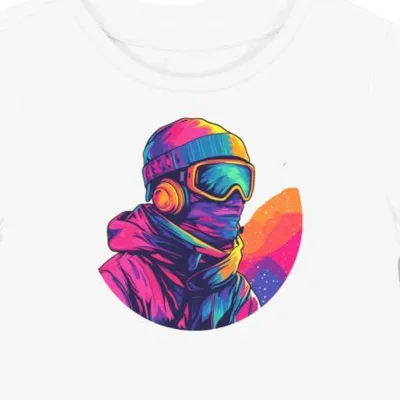 Koszulka damska biała z motywem snowboardzisty i muzyki