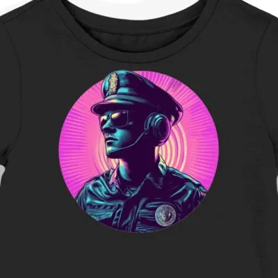 Koszulka damska czarna z grafiką policjanta i muzyki