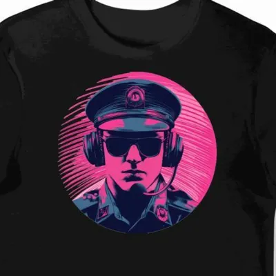 Koszulka męska czarna z nadrukiem policjanta dla fanów muzyki