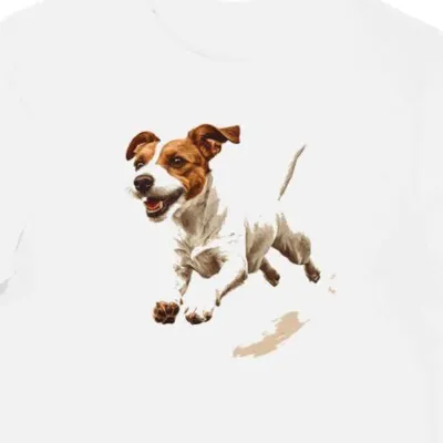 Koszulka męska biała z nadrukiem skaczącego Jack Russell Terriera