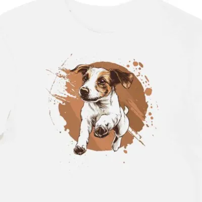 Koszulka męska biała z nadrukiem skaczącego Jack Russell Teriera