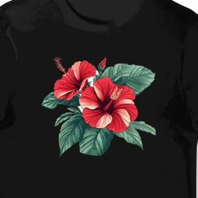 Koszulka męska czarna z nadrukiem kwiatów hibiskusa