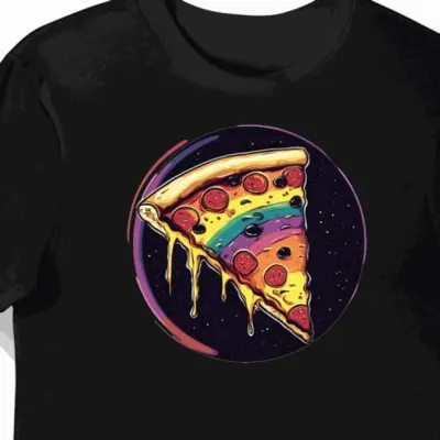 Koszulka męska czarna z motywem pizzy dla fanów stylu retro