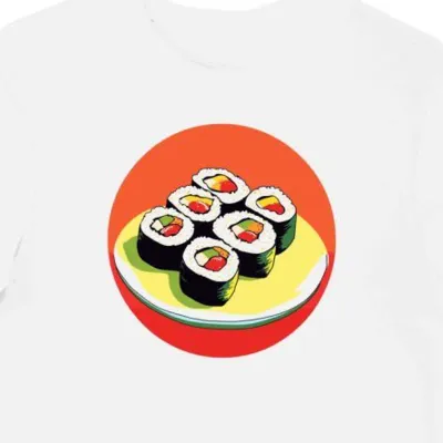 Koszulka męska biała z nadrukiem sushi w stylu lofi dla miłośników kulinariów.