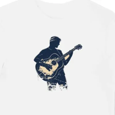 Koszulka męska biała z grafikiem gitarzysty w stylu vintage
