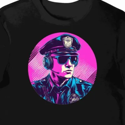 Koszulka męska czarna z grafiką policjanta przy muzyce