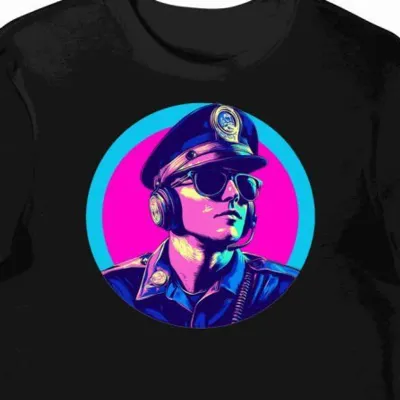 Koszulka męska czarna z grafiką policjanta słuchającego muzyki