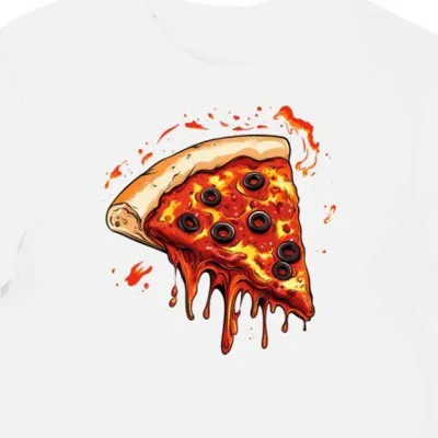 Koszulka męska biała z motywem topniejącej pizzy z oliwkami w otoczce z ognia