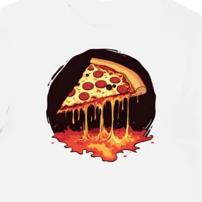 Koszulka męska biała z nadrukiem ociekającej pizzy w otoczeniu ognia