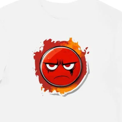 Koszulka męska biała z nadrukiem zmartwionego, czerwonego emoji