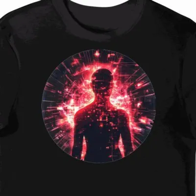 Koszulka męska czarna z nadrukiem cybernetycznym dla fanów futurystycznych wizji