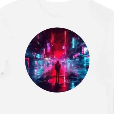 Koszulka męska biała z nadrukiem czerwonego miasta cyberpunk