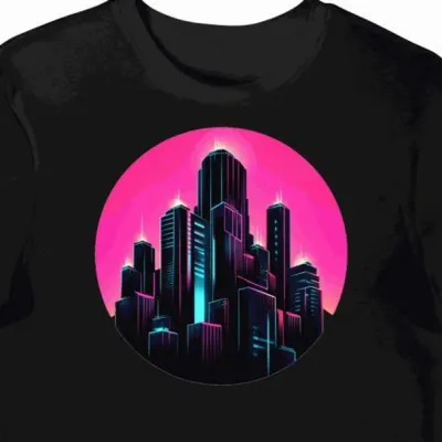 Koszulka męska czarna z motywem neonowych miast cyberpunk (4)